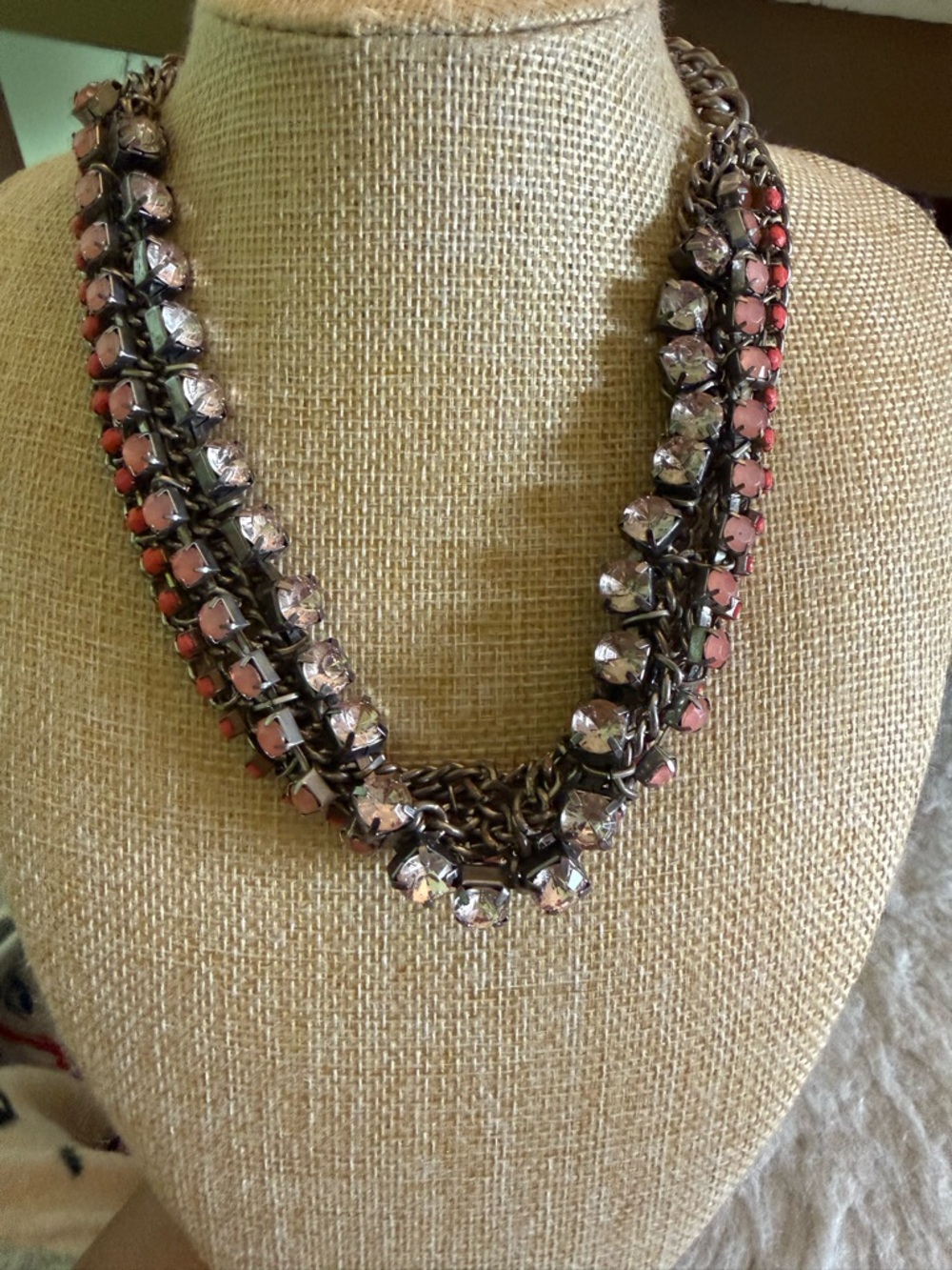 White and Pink Crystal Chain Statement Necklace - Picture 2 of 5